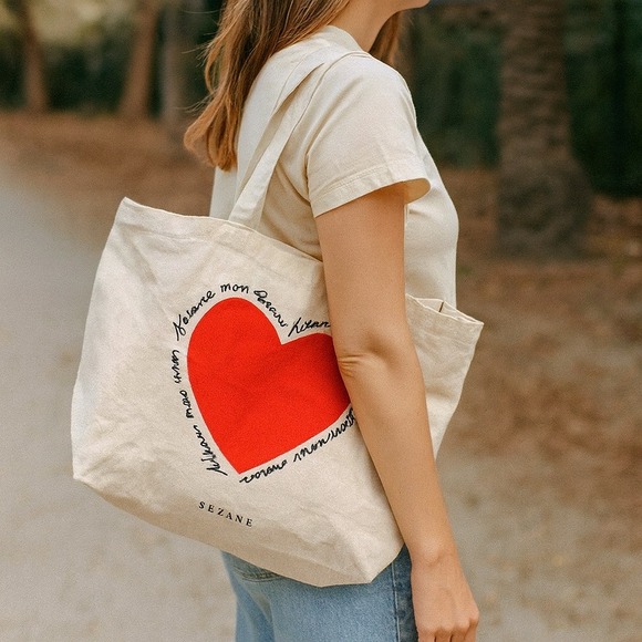 Sezane Handbags - SEZANE Canvas Tote Bag Red Heart Amour Mon Amour Script Logo Cotton